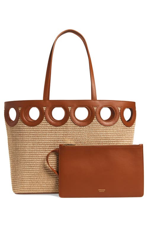 Ferragamo Medium Gancini Frame Perforated Raffia & Leather Tote