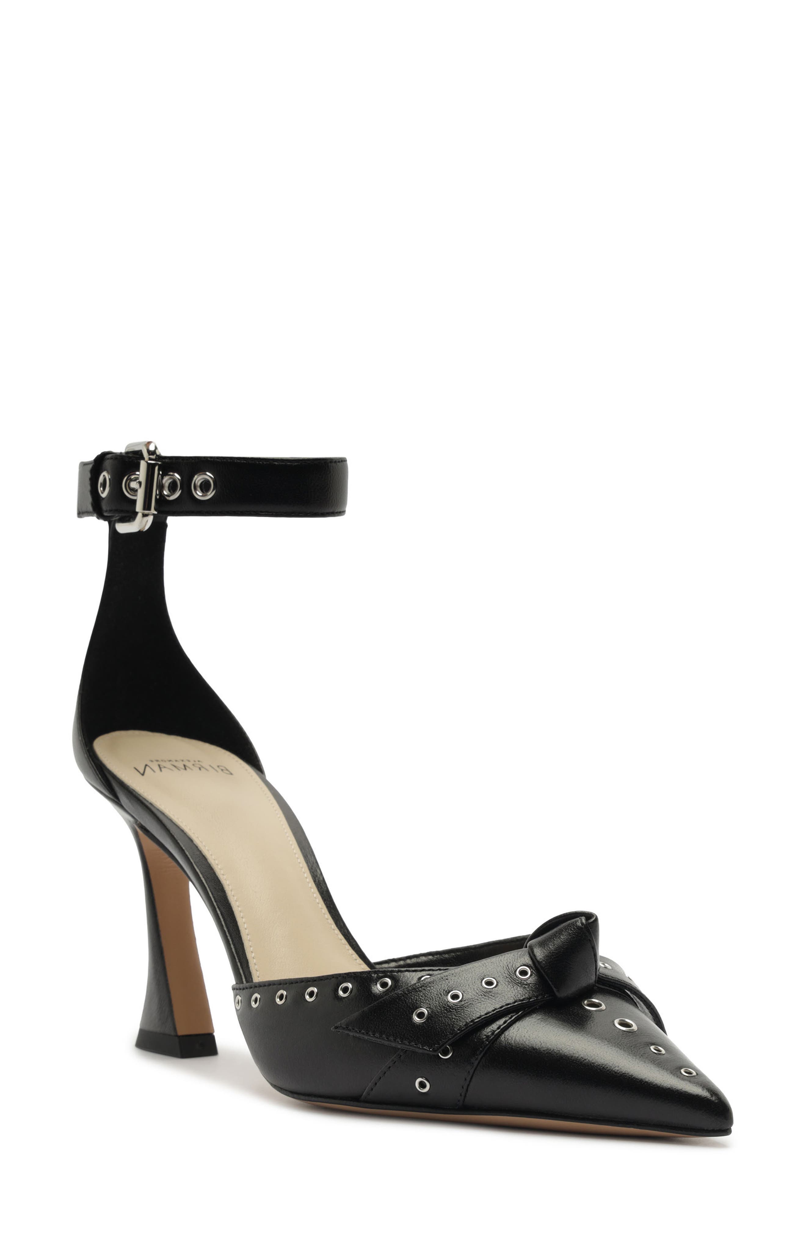 Clarita Eyelet Leather Ankle Strap Pump, Main, color, BLACK