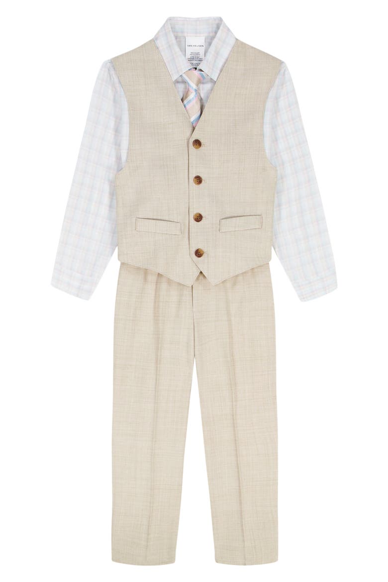 Kids' Plaid Button-Up Shirt, Slub Texture Pants, Vest & Tie Set, Alternate, color, KHAKI