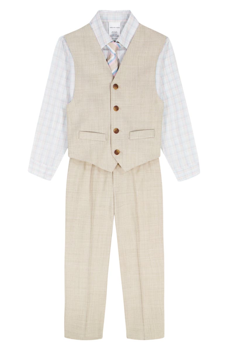 VAN HEUSEN Kids' Plaid Button-Up Shirt, Slub Texture Pants, Vest & Tie Set, Alternate, color, Khaki