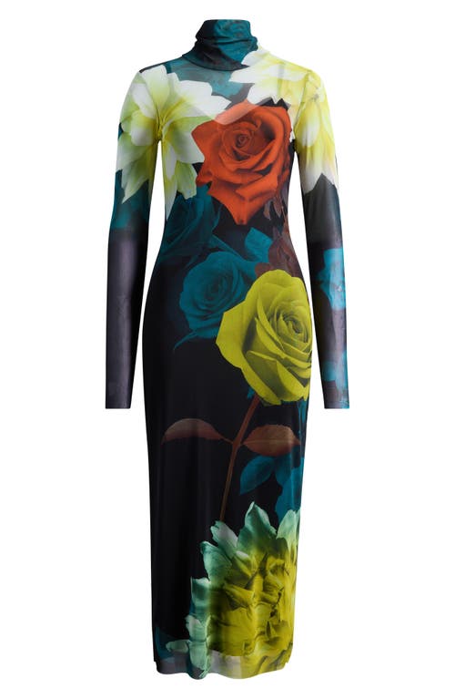 Afrm Shailene Print Long Sleeve Mesh Body-con Midi Dress In Blue