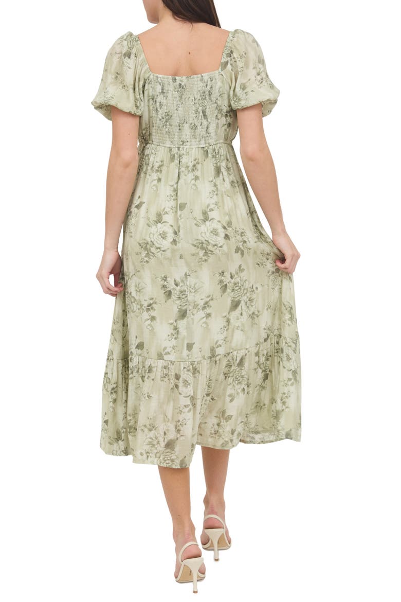 Puff Sleeve Midi Dress, Alternate, color, OLIVE MULTI