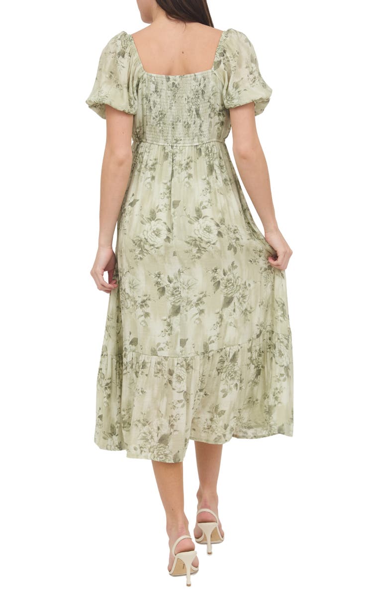 AUGUST SKY Puff Sleeve Midi Dress, Alternate, color, Olive Multi