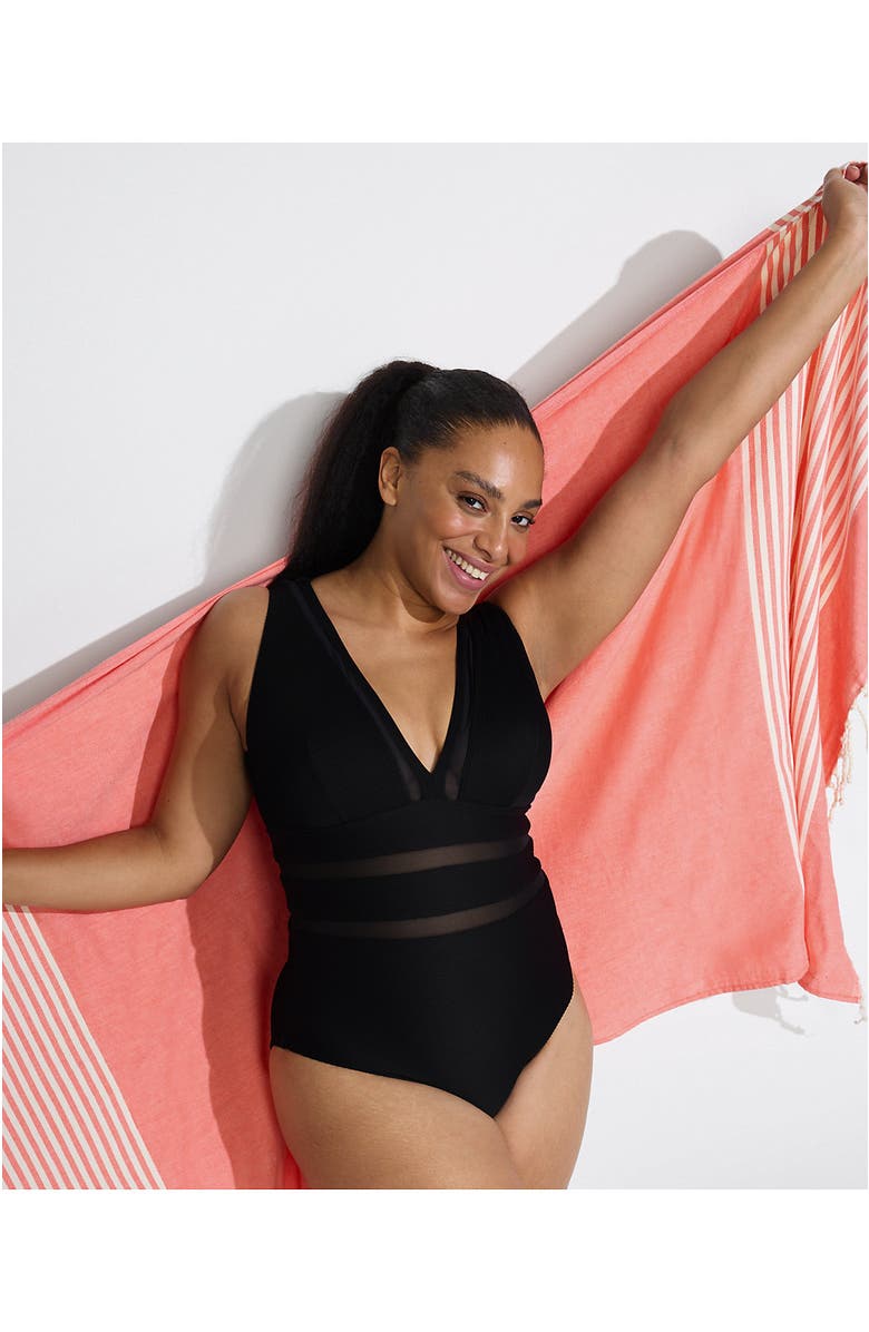 Lands' End Plus Size Mesh Ribbed Plunge High Leg One Piece Swimsuit, Alternate, color,