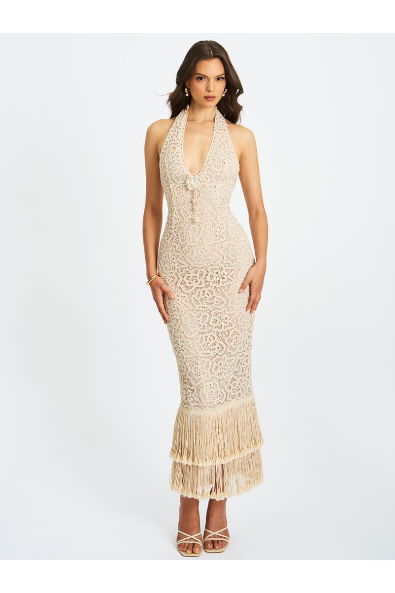 Faelyn Double Fringe Crochet Halter Maxi Dress, Alternate, color, Off-white