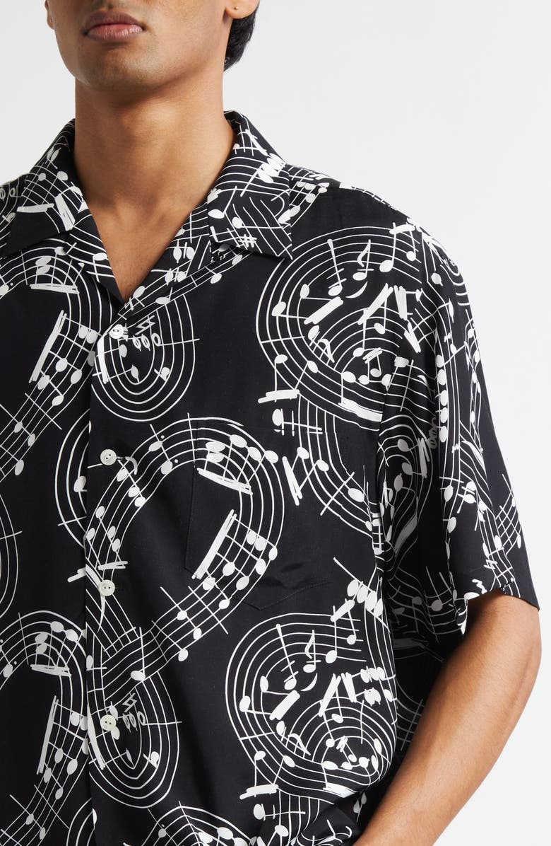 TAKAHIROMIYASHITA TheSoloist. Music Note Print Camp Shirt, Alternate, color, Black X White