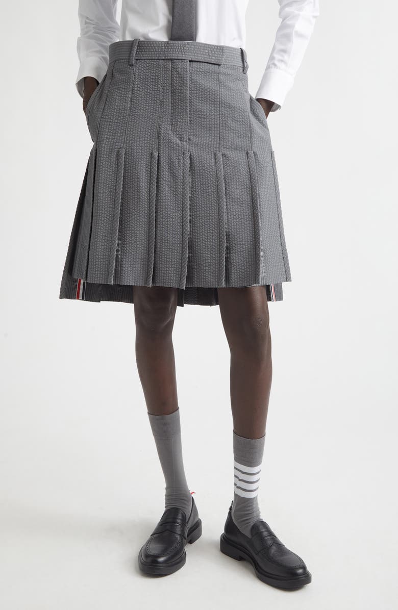 Thom Browne Pleated Low Rise Wool Seersucker Skirt, Main, color, Light Grey