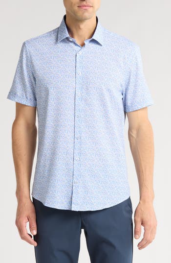 Soul Of London Short Sleeve Stretch Button-up Sport Shirt In Blue