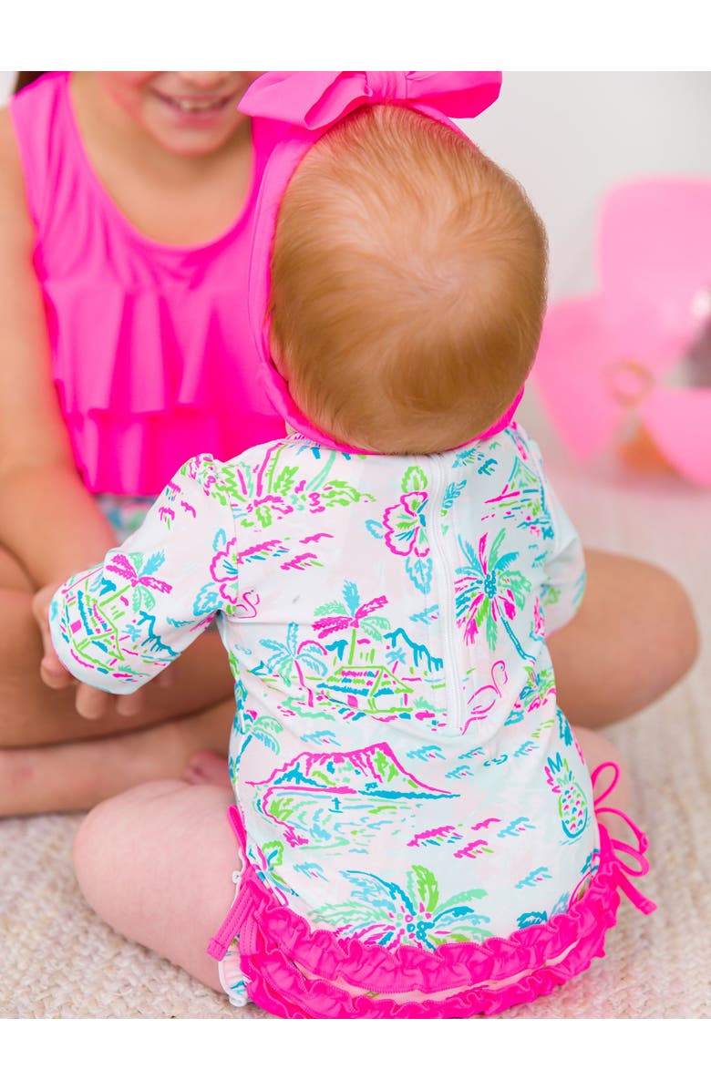 RuffleButts Toddler Girls Long Sleeve UPF50+ One Piece Rash Guard, Alternate, color, Tropical Resort