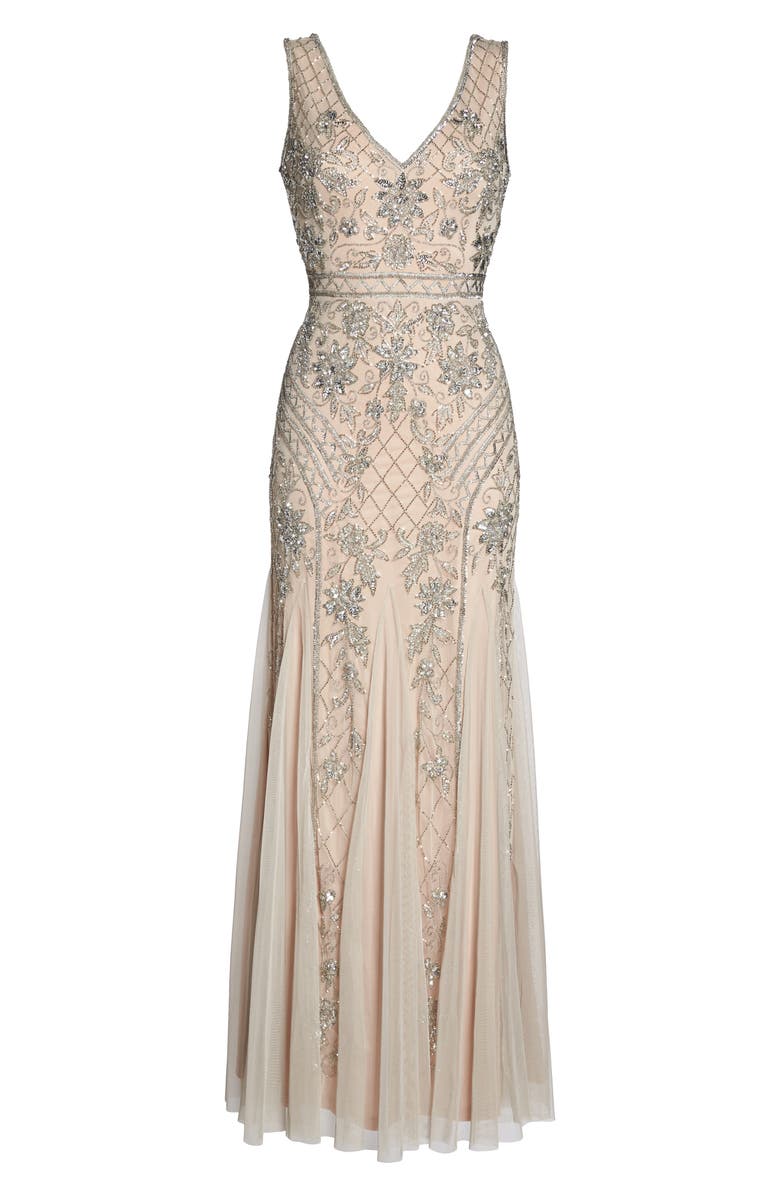 Adrianna Papell Beaded Double V-Neck Gown, Alternate, color, 