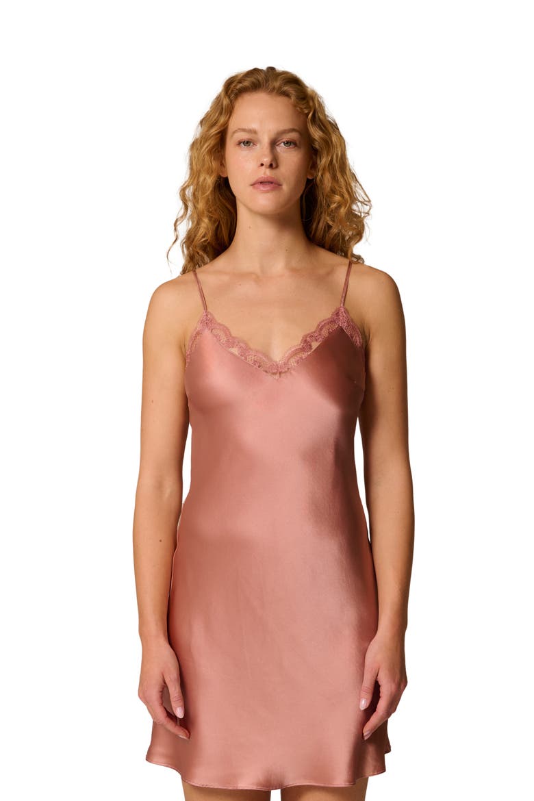 Love Me Night Lace Trim Silk Blend Chemise, Alternate, color, SMOKEY PINK