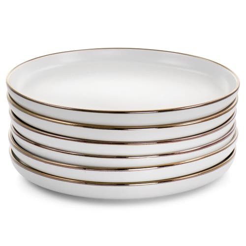Elama Arthur 6pc Stoneware Dinner Plate Set In Matte White With Gold-tone Rim