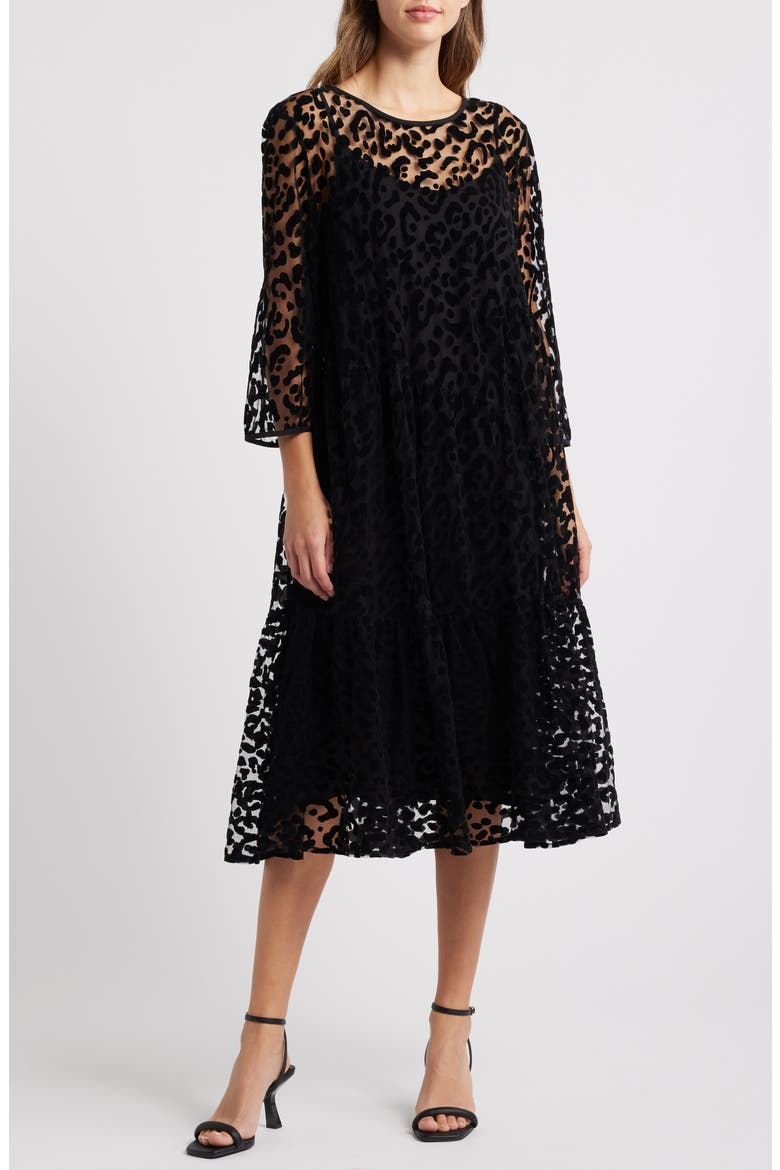 Otilo Leopard Velvet Jacquard Long Sleeve Layered Midi Dress, Main, color, BLACK