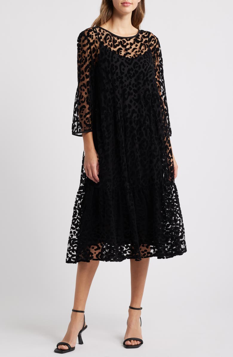 Masai Copenhagen Otilo Leopard Velvet Jacquard Long Sleeve Layered Midi Dress, Main, color, 