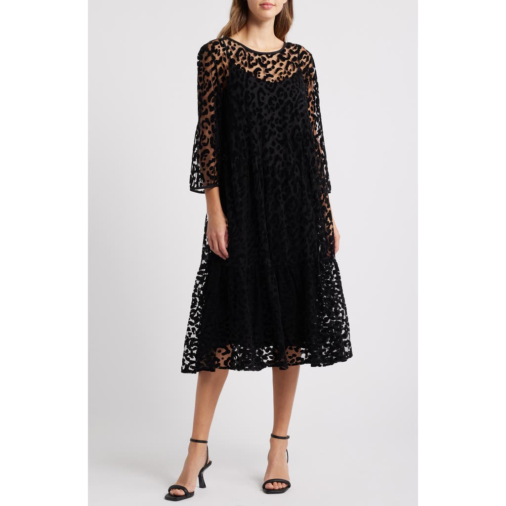 Masai Copenhagen Otilo Leopard Velvet Jacquard Long Sleeve Layered Midi Dress in Black