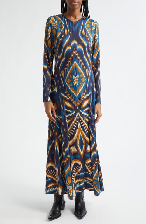 Ikat Print Long Sleeve Satin Maxi Dress