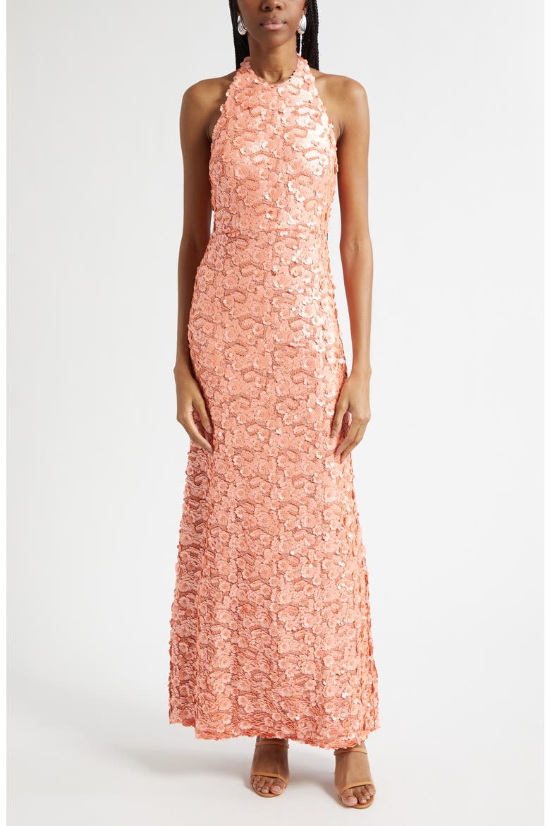 Giada Sequin Halter Gown, Main, color, CORAL PAILLETTE