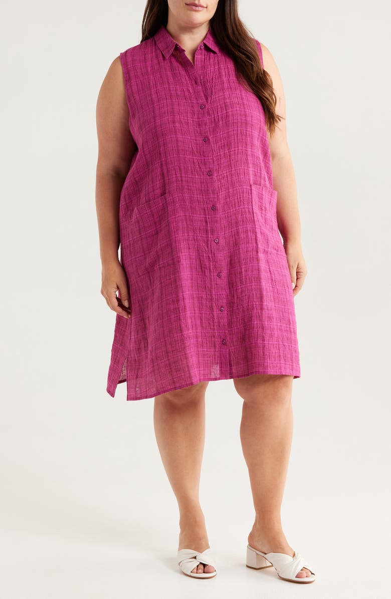 Eileen Fisher Plaid Sleeveless Organic Linen Shift Dress, Main, color, Sangria