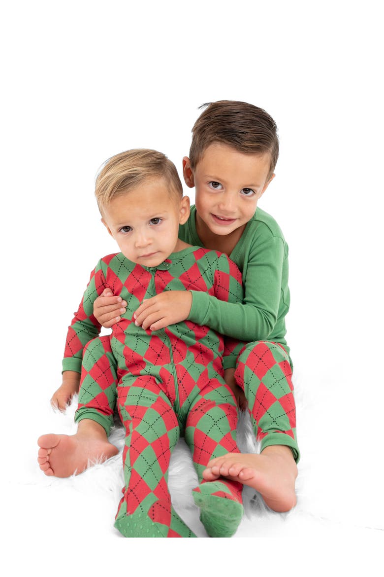 Kids Footed Printed Cotton Matching Family Holiday Pajamas, Argyles & Holiday Prints, Alternate, color, Argyle Red & Green