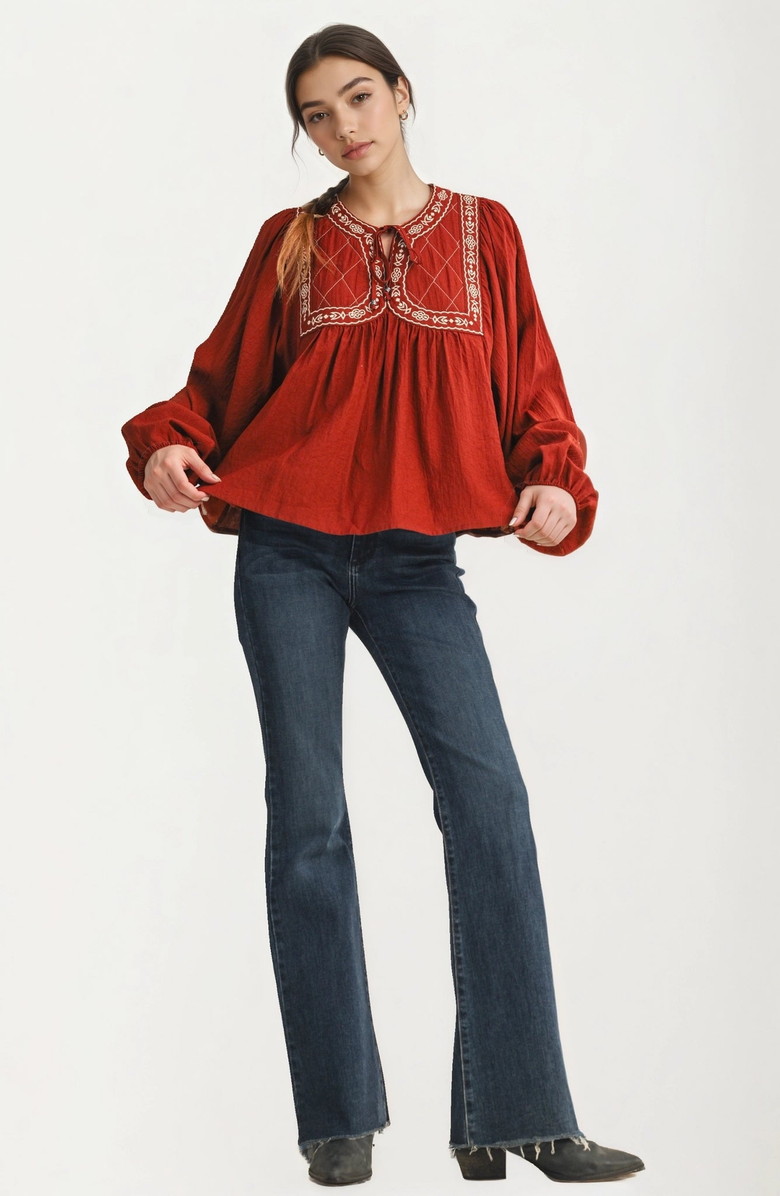 Knit and Lounge Embroidered Yoke Tie Neckline Flowy Long Sleeve Blouse, Alternate, color, 