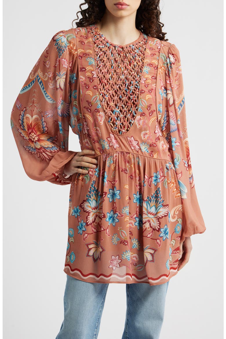 Boho Enchance Long Sleeve Floral Minidress, Main, color, BOHO ENCHANCE MOCHA