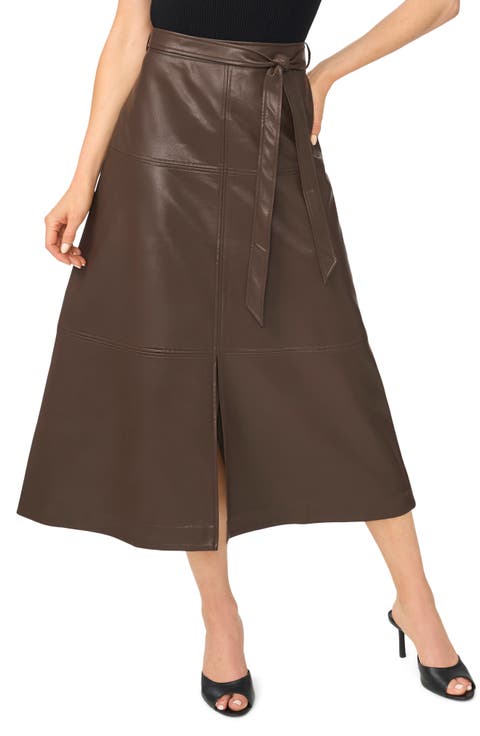 Seamed Tiered Faux Leather Midi Skirt