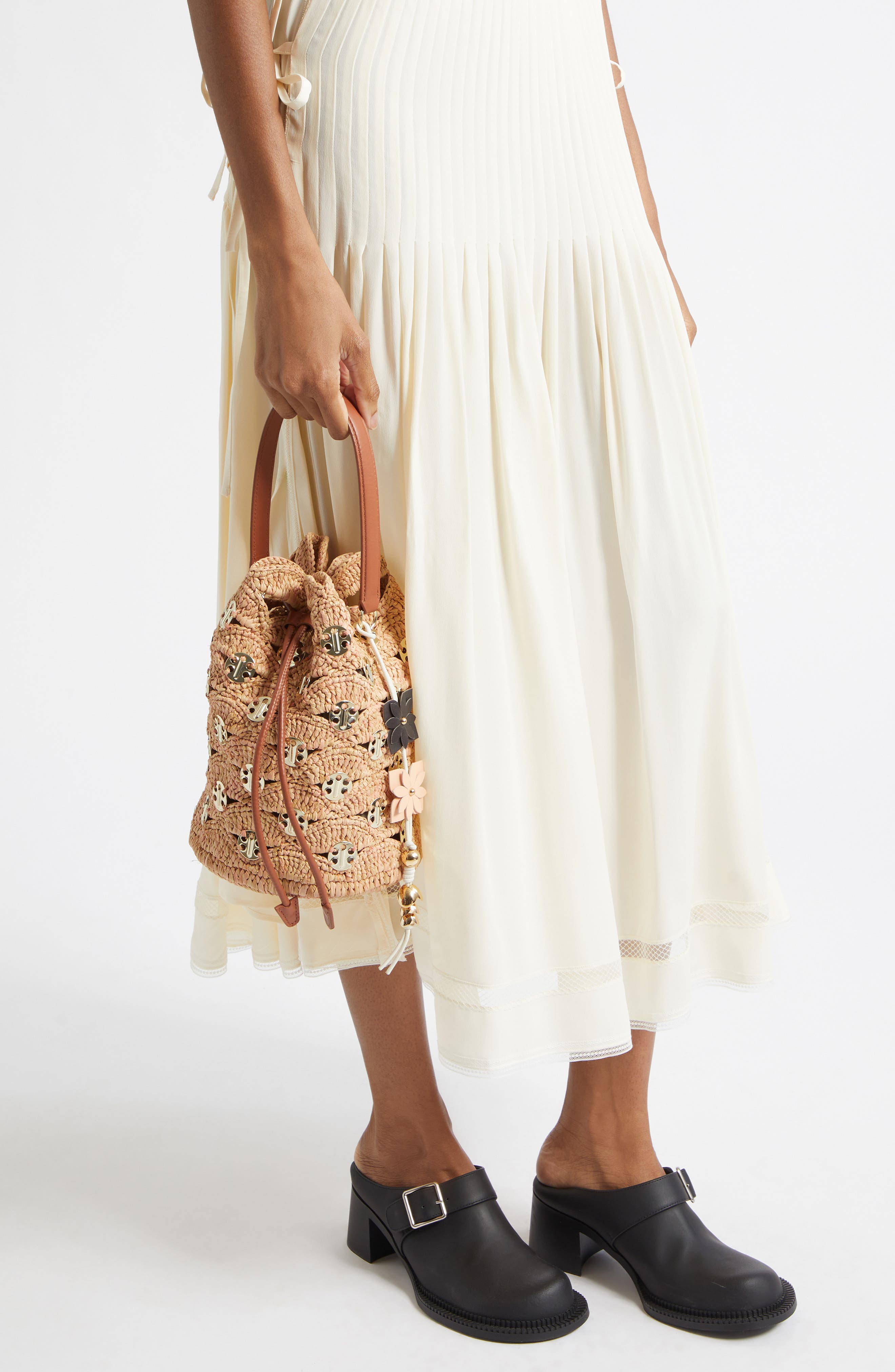 Rabanne 1969 Medium Raffia Bucket Bag, Alternate, color, Peach/ Gold