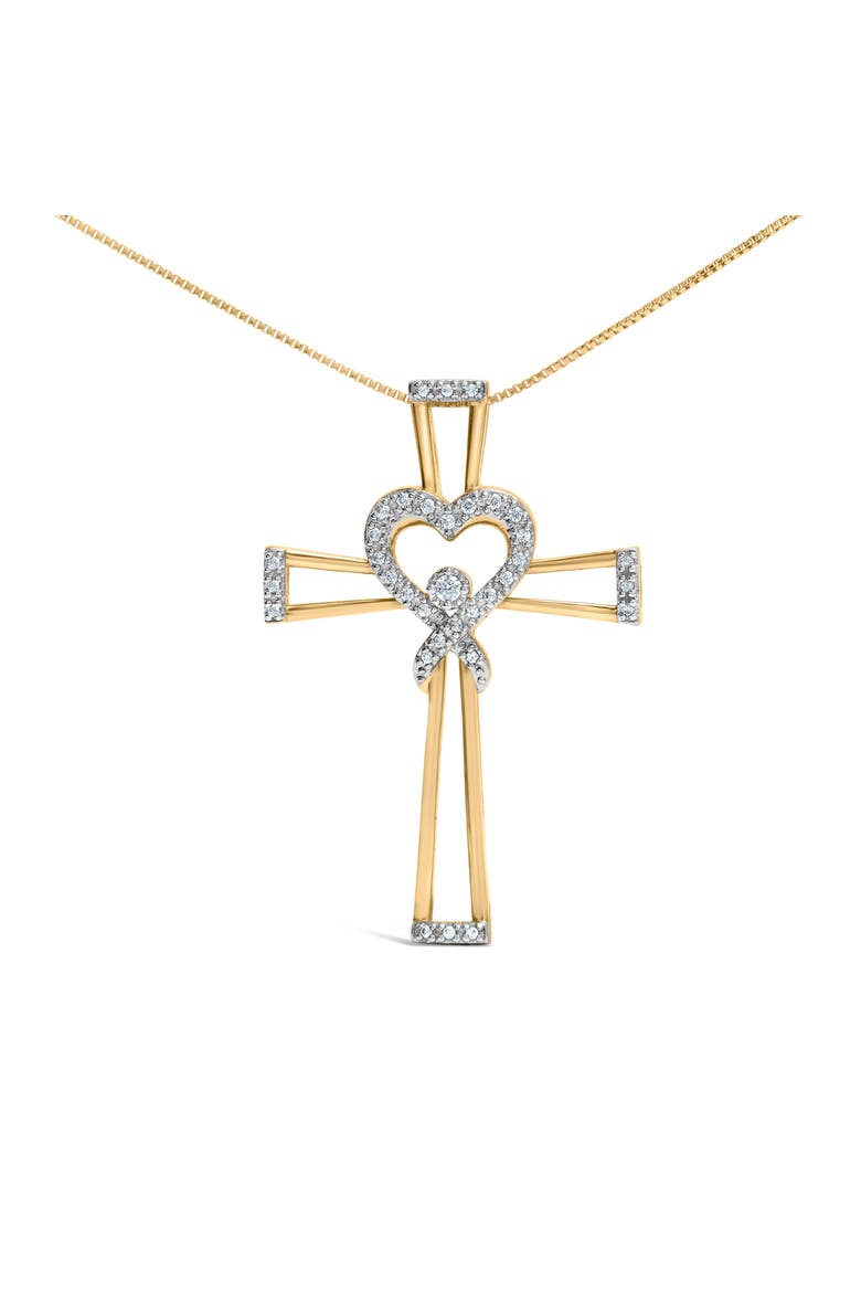 14K Yellow Gold Plated Silver 1/6 Cttw Diamond Heart and Ribbon Cross Pendant, Alternate, color, Yellow