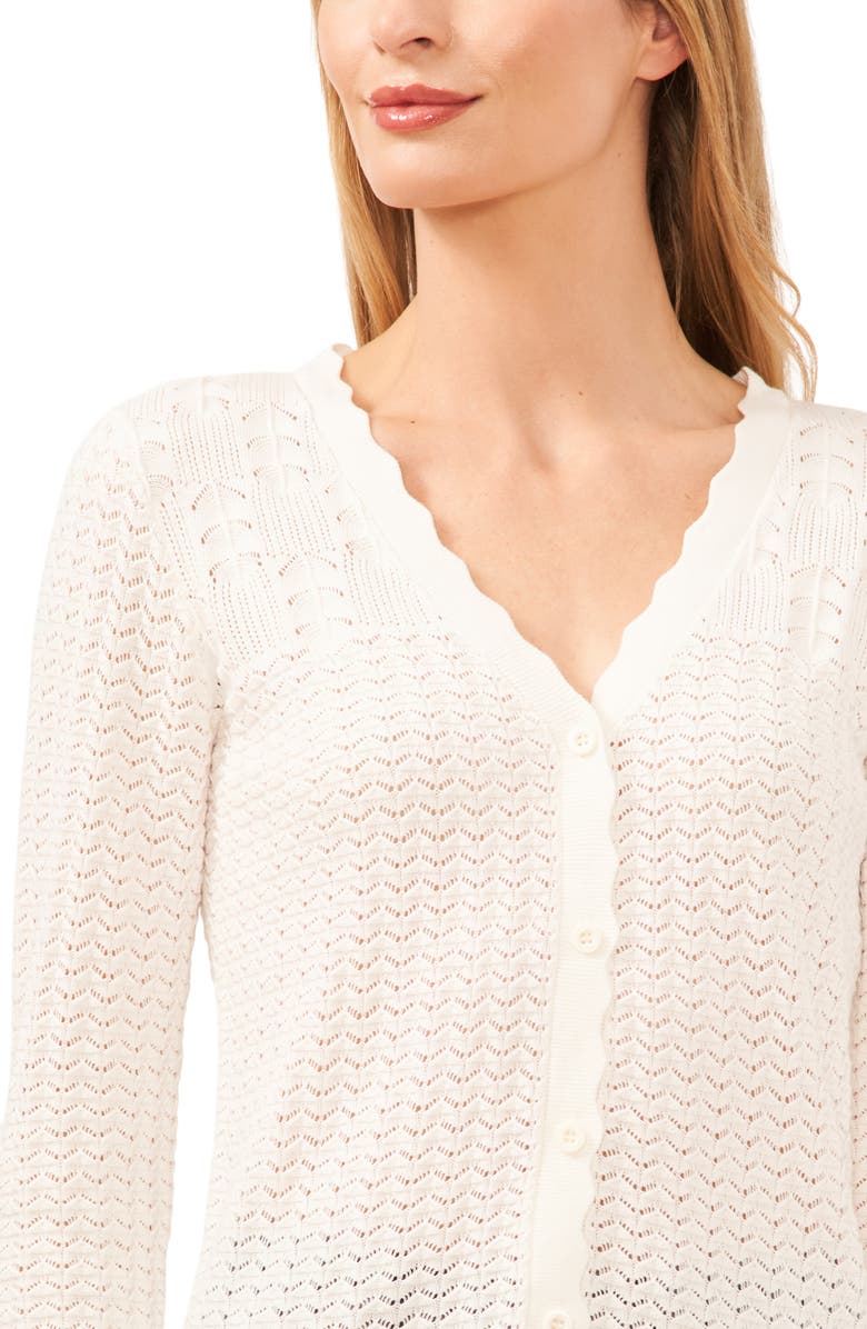 CeCe Pointelle V-Neck Cotton Blend Cardigan, Alternate, color, 