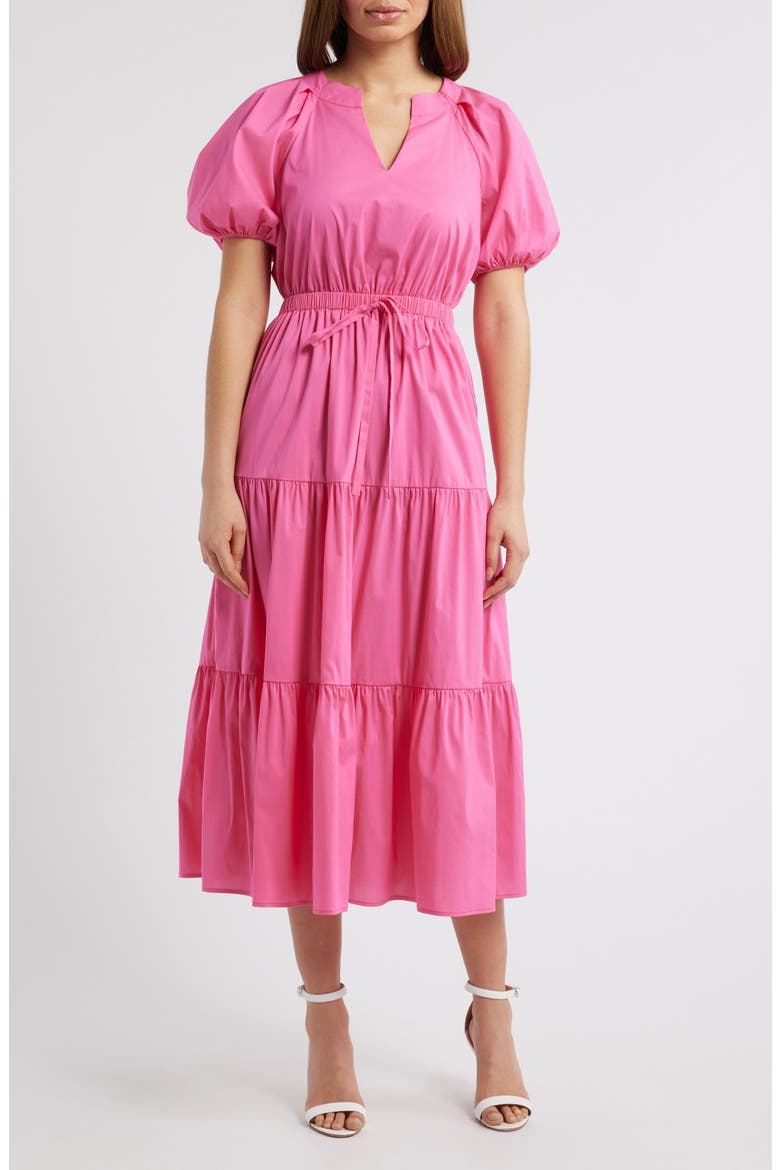 Tiered Puff Sleeve Midi Dress, Main, color, CARMINE ROSE