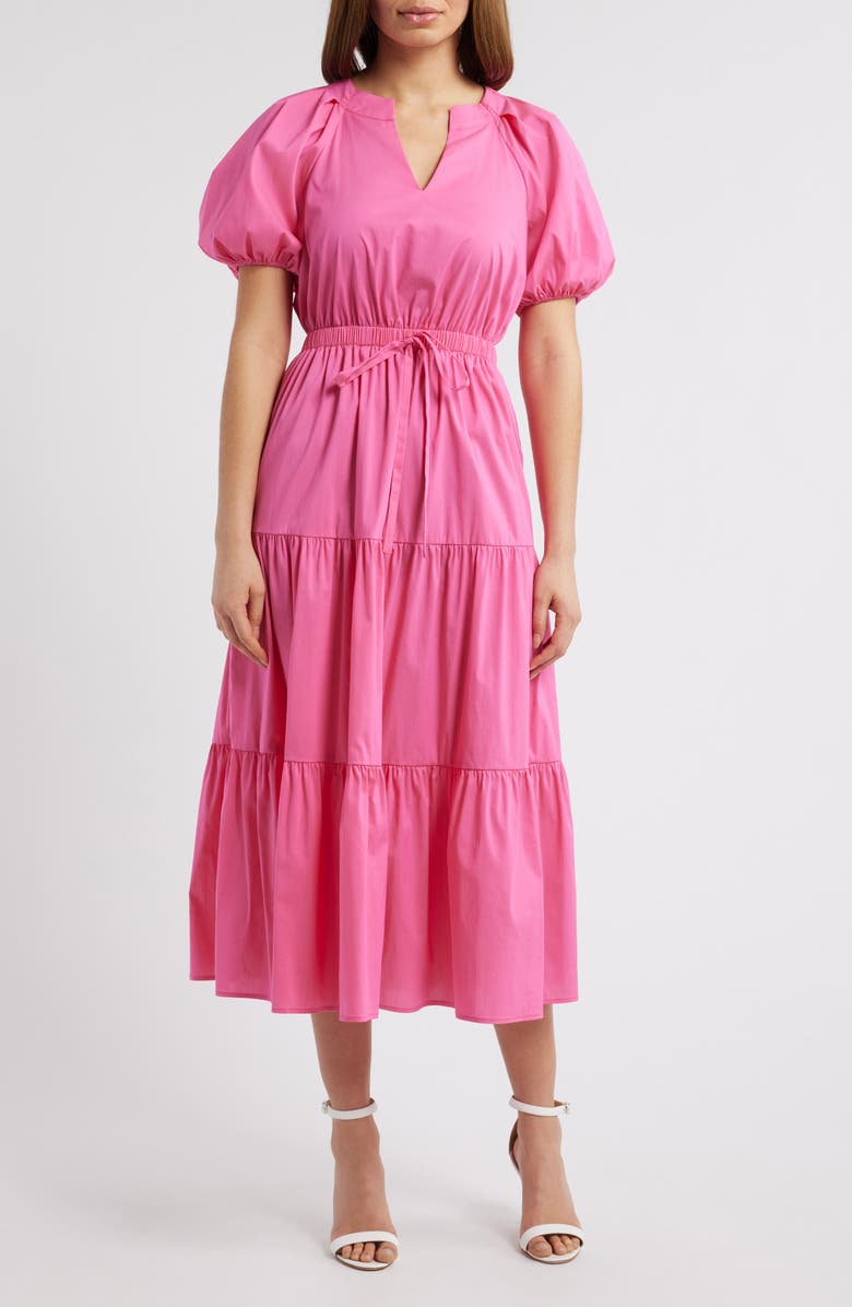 Anne Klein Tiered Puff Sleeve Midi Dress, Main, color, Carmine Rose