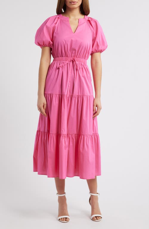 Anne Klein Tiered Puff Sleeve Midi Dress In Carmine Rose