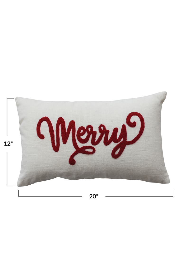 Cotton Slub Lumbar Pillow with Embroidered "Merry", Alternate, color, Natural and Red