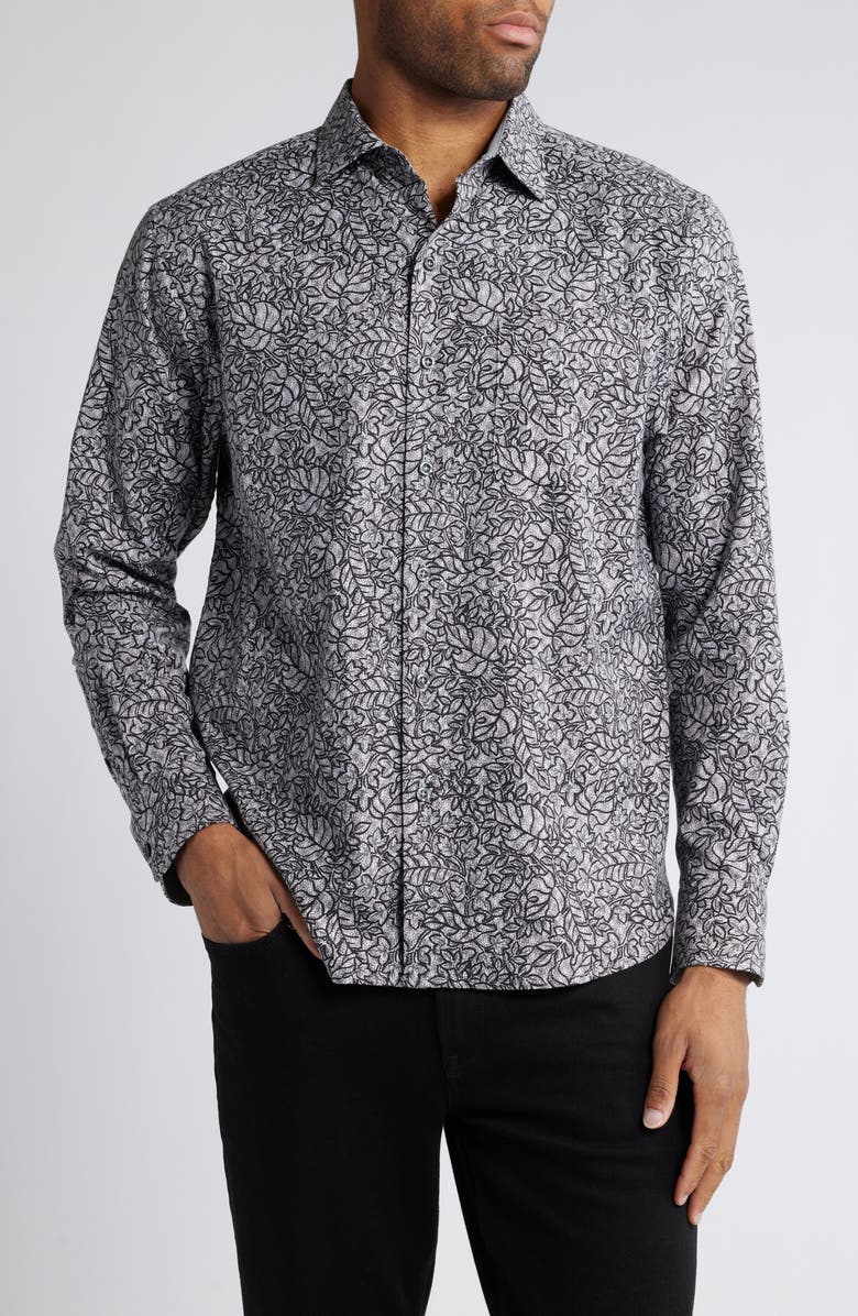 Tommy Bahama Lazlo Seaside Soiree Leaf Print Button-Up Shirt, Main, color, Gunmetal