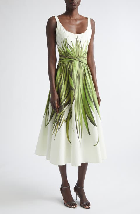 Palm Leaves Print Cotton Stretch Poplin Midi Dress