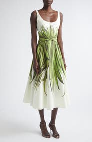Oscar de la Renta Palm Leaves Print Cotton Stretch Poplin Midi Dress
