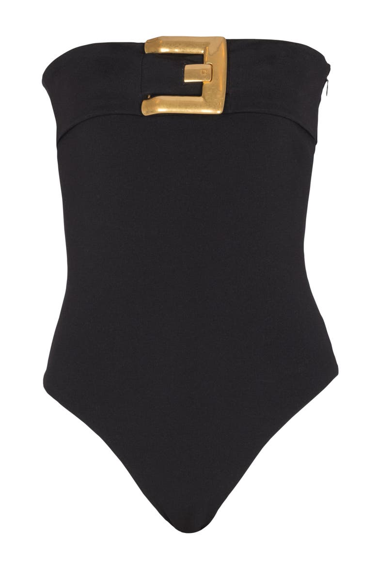 Crepe bustier bodysuit with belt detail, Alternate, color, black
