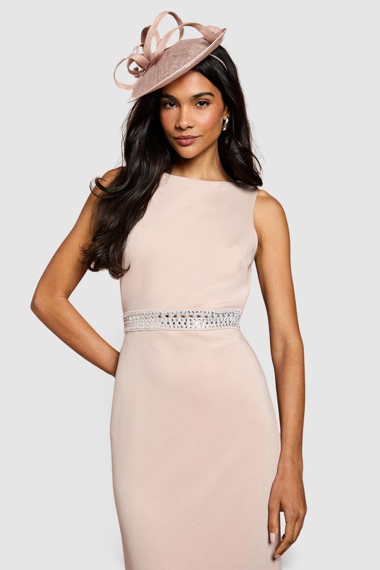 Embellished Waist Ponte Midi Dress, Alternate, color, Mocha