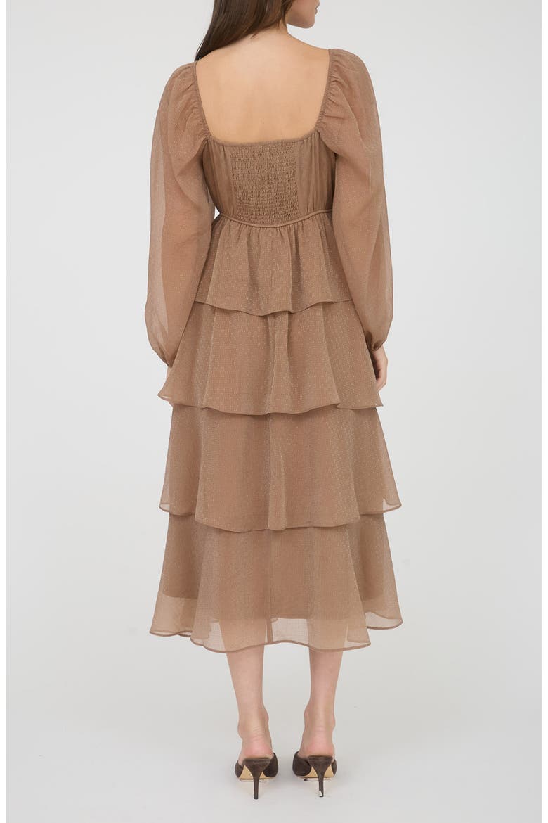 Long Sleeve Tiered Metallic Chiffon Midi Dress, Alternate, color, MOCHA