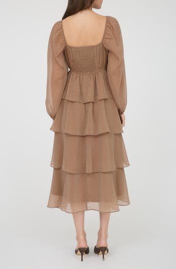 Long Sleeve Tiered Metallic Chiffon Midi Dress