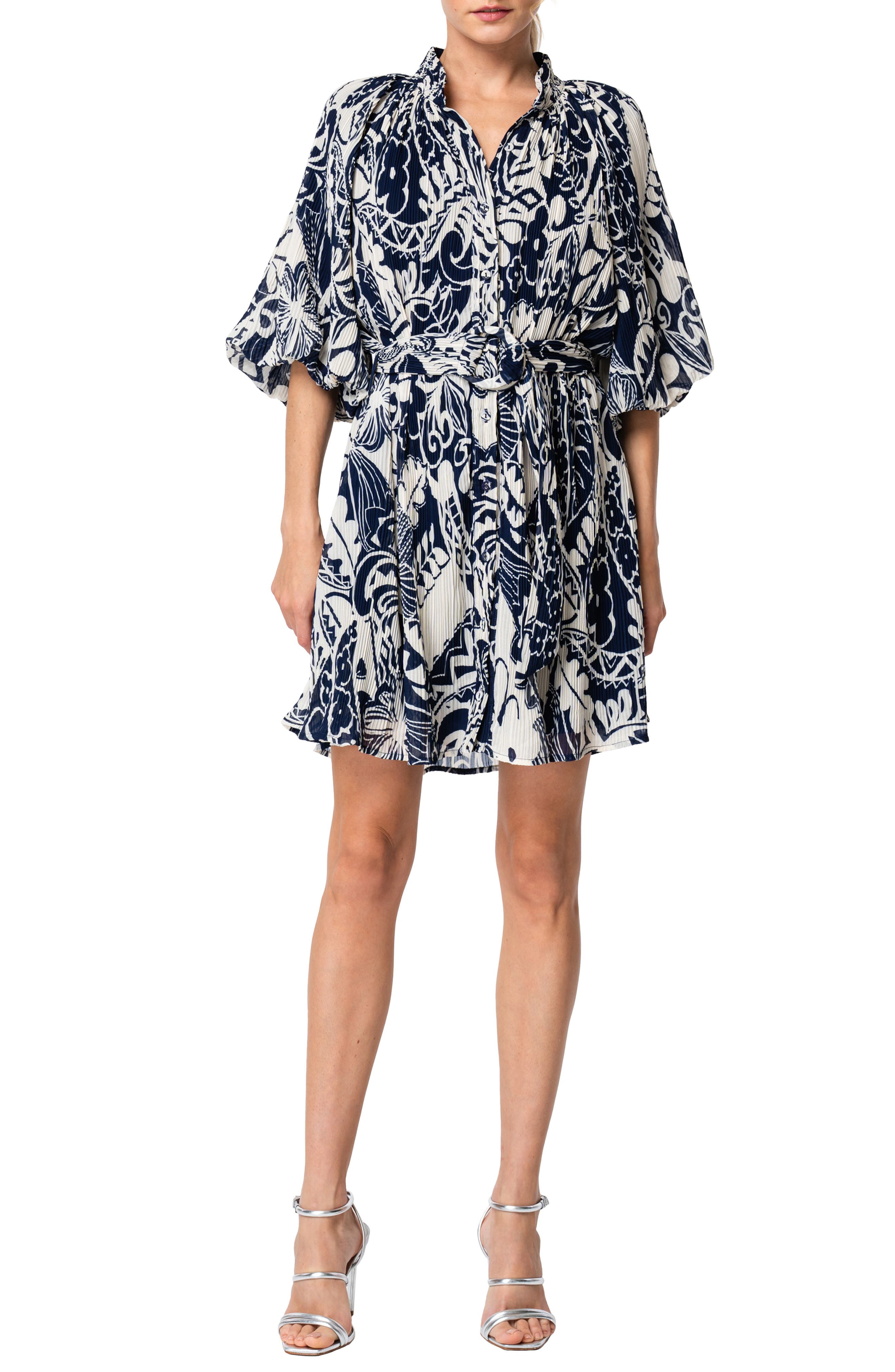 CIEBON Anison Balloon Sleeve Plissé Chiffon Shirtdress in Navy Multi 