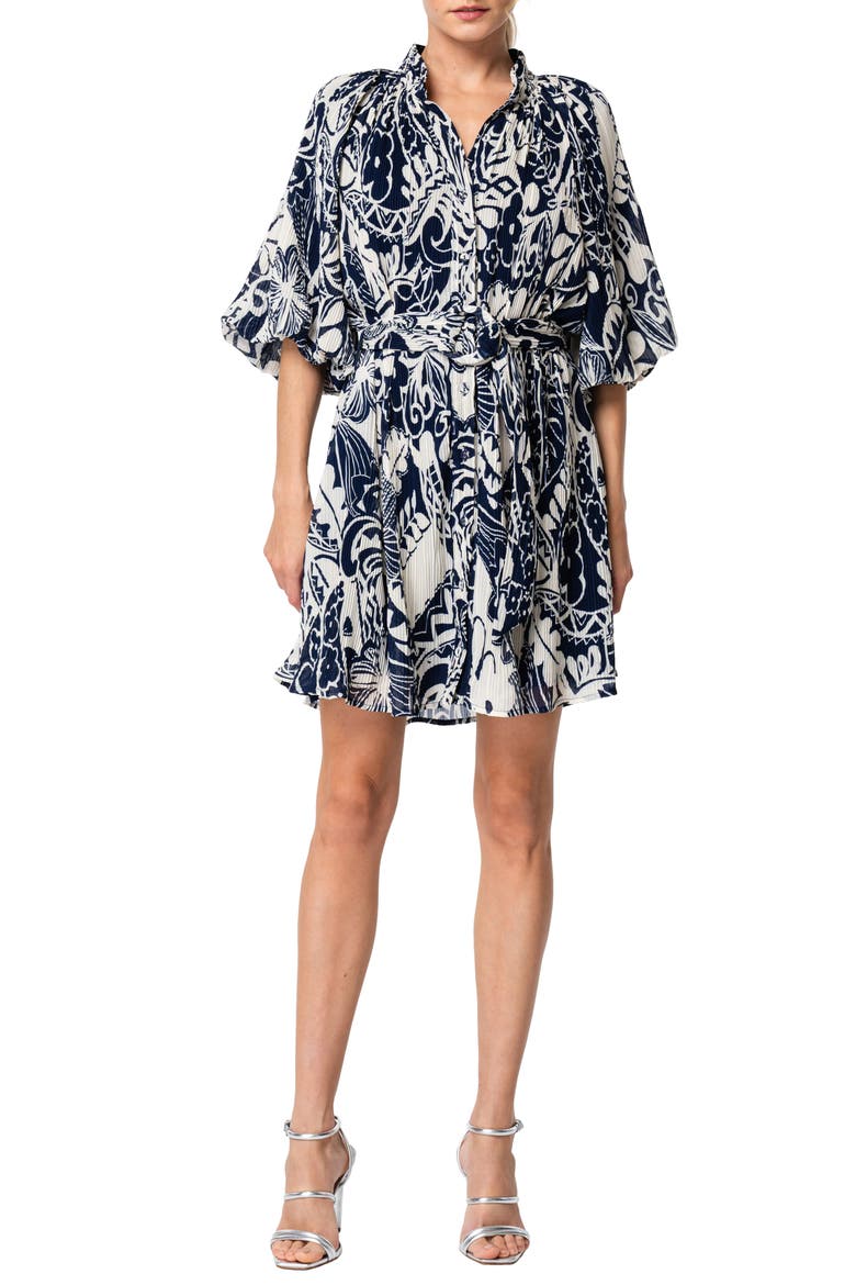 Anison Balloon Sleeve Plissé Chiffon Shirtdress, Main, color, NAVY MULTI