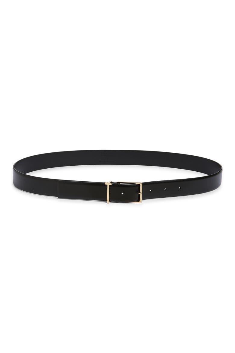 Metal T Smooth Leather Belt, Main, color, BLACK