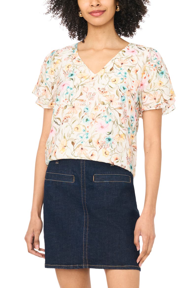 Print Tulip Sleeve Top, Main, color, ANTIQUE WHITE