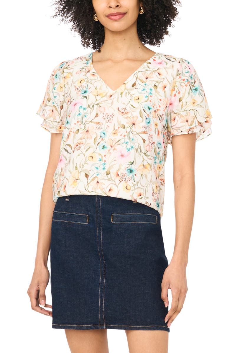 Vince Camuto Print Tulip Sleeve Top, Main, color, Antique White