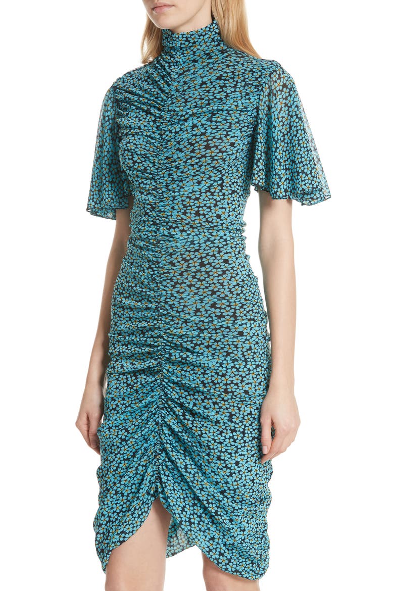 Floral Ruched Flutter Sleeve High Neck Dress, Alternate, color, PEARSON HORIZON