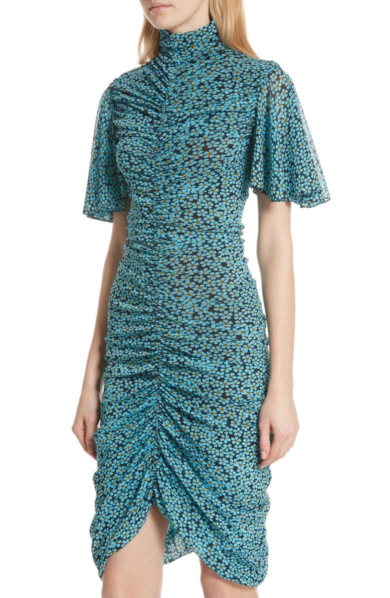 DVF Floral Ruched Flutter Sleeve High Neck Dress, Alternate, color, 