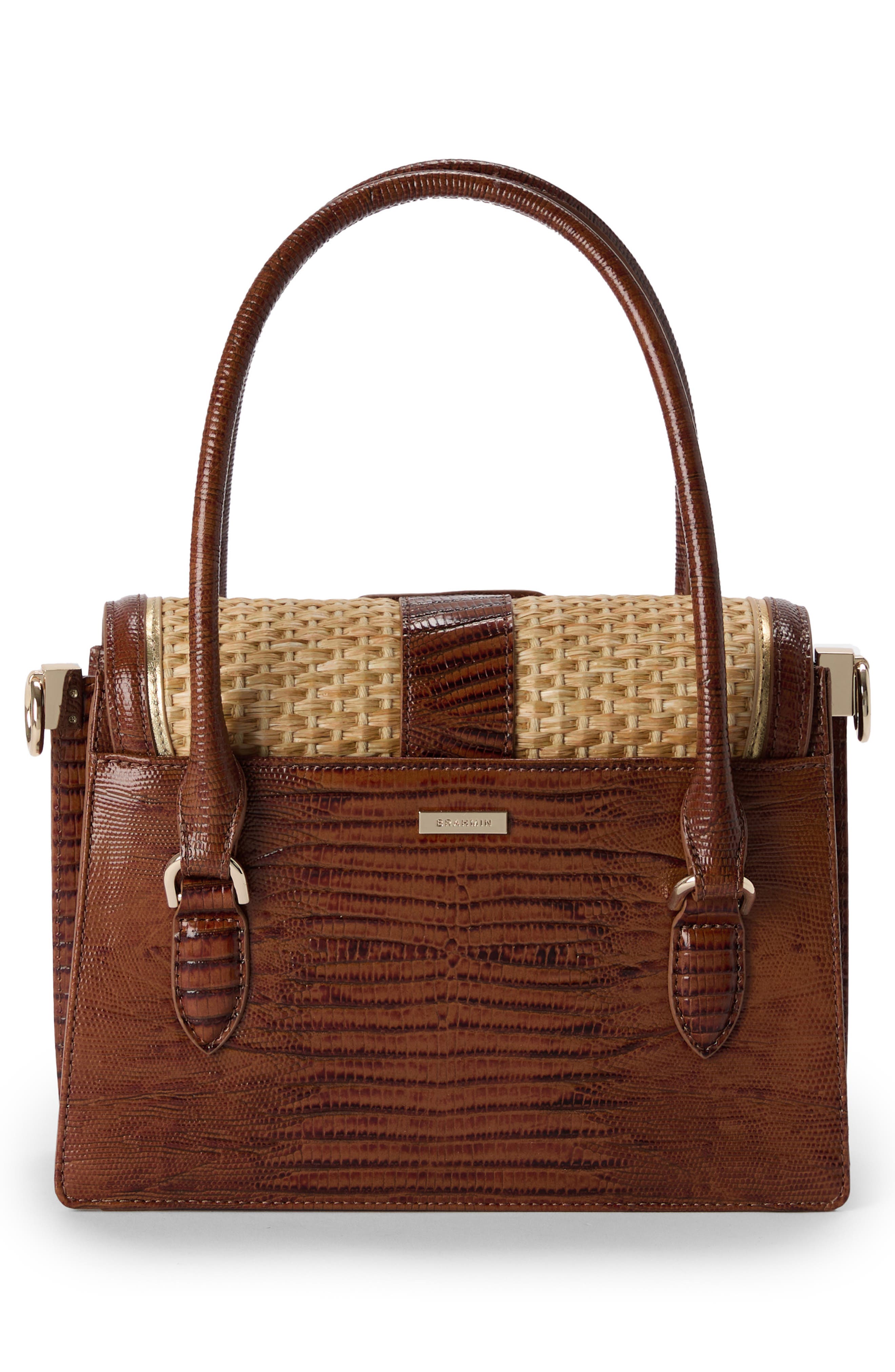 Brahmin Small Hallie Woven Straw & Lizard Embossed Leather Satchel, Alternate, color, 