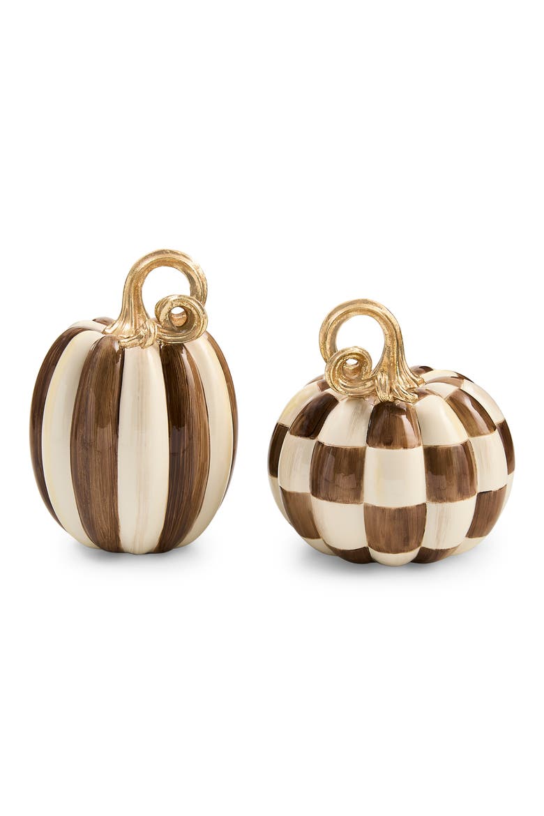 Set of 2 Chocolate Check and Stripe Decorative Pumpkins, Main, color, BROWN