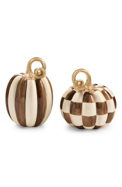 Set of 2 Chocolate Check and Stripe Decorative Pumpkins
